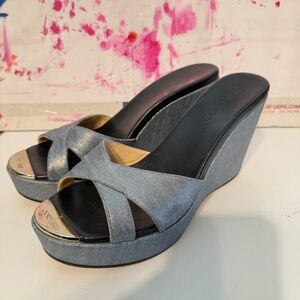Jimmy Choo Pandora Metallic Blue Denim Wedge Sandals Shoes 40